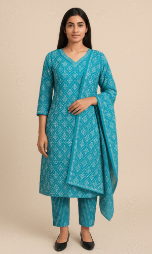 Blue Printed Cotton Kurta Set