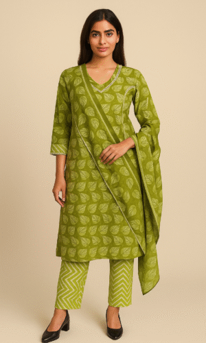 Olive Green Leaf-Printed Cotton Kurta Set