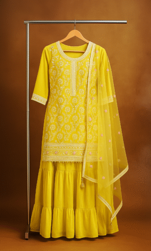 Elegant Yellow Embroidered Modal Fabric Sharara Suit with Dupatta