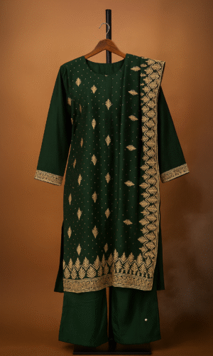 Elegant Teal Embroidered Indian Ensemble on Display