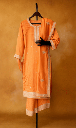 Elegant Orange Sheer Embroidered Suit Set