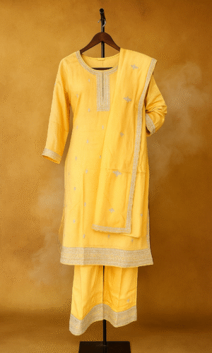 Elegant Yellow Sheer Embroidered Suit Set