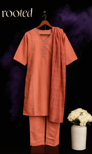 Elegant Orange Embroidered Glace Cotton Suit Set with Dupatta – Rooted Collection