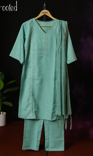 Elegant Light Blue Embroidered Glace Cotton Suit Set with Dupatta – Rooted Collection