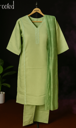 Elegant Light Green Embroidered Glace Cotton Suit Set with Dupatta – Rooted Collection