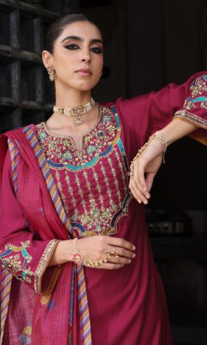 Deepika Designer Mahroon Silk Suit with Handwork & Floral Print Dupatta