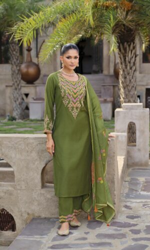 Deepika Designer Green Silk Suit with Handwork & Floral Print Dupatta