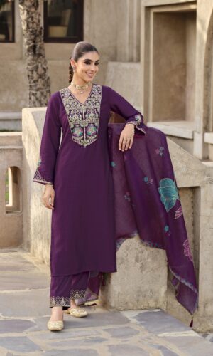 Deepika Designer Purple Silk Suit with Handwork & Floral Print Dupatta
