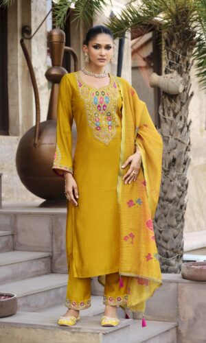 Deepika Designer Mustard Silk Suit with Handwork & Floral Print Dupatta