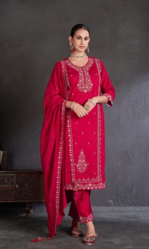 Designer Deep Pink Cotton & Georgette Embroidered Suit Set with Dupatta
