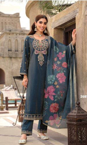 Ariana Designer Blue Simmer Silk Suit with Hand Embroidery & Floral Dupatta