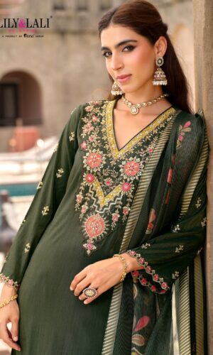 Ariana Designer Dark Green Simmer Silk Suit with Hand Embroidery & Floral Dupatta