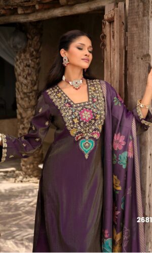 Ariana Designer Burgundy Simmer Silk Suit with Hand Embroidery & Floral Dupatta