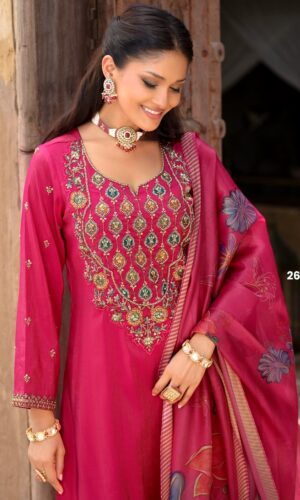 Ariana Designer Pink Simmer Silk Suit with Hand Embroidery & Floral Dupatta