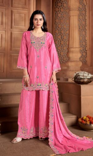 Elegant Pink Masleen Plazzo Suit with Dupatta