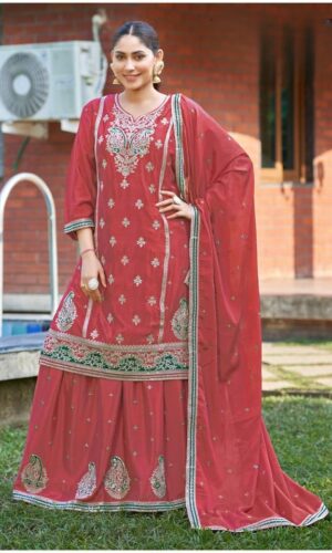 Elegant Maroon Masleen Embroidered Skirt Suit Set with Dupatta