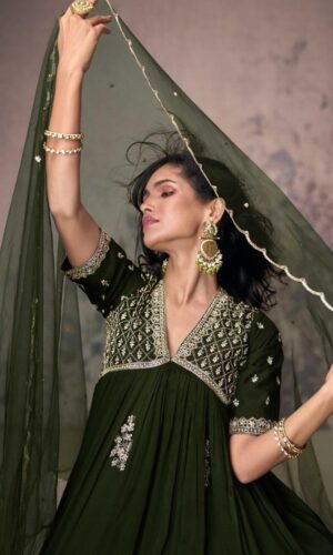 Aroma Dark Green Indo Western Gown with Silver Embroidery & Designer Flair