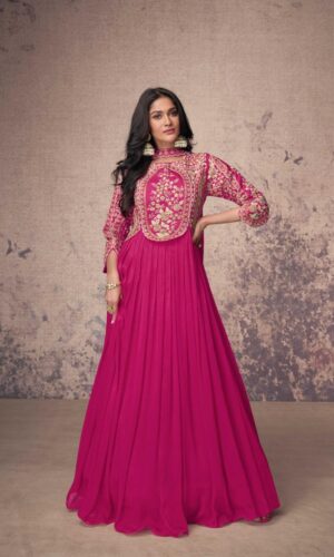 Aroma Pink Indo Western Gown with Silver Embroidery & Designer Flair