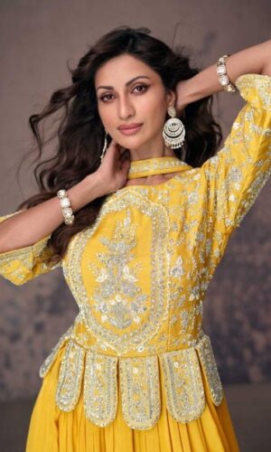 Aroma Yellow Indo Western Gown with Silver Embroidery & Designer Flair
