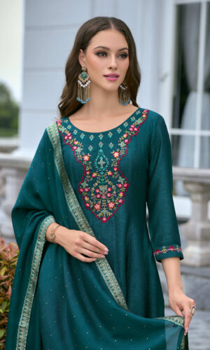 Bibbojaan Teal Green Embroidered Suit