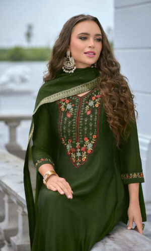 Bibbojaan Dark Green Embroidered Suit