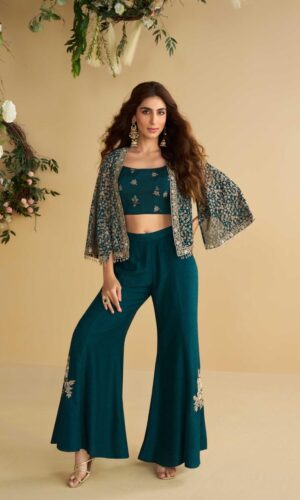 Nitya Teal Indo Western Palazzo Set with Embroidered Crop Top & Jacket