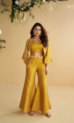 Nitya Yellow Indo Western Palazzo Set with Embroidered Crop Top & Jacket