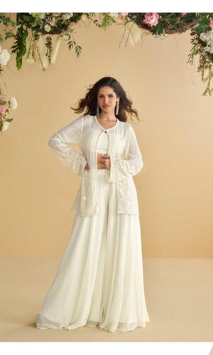 Nitya White Indo Western Palazzo Set with Embroidered Crop Top & Jacket