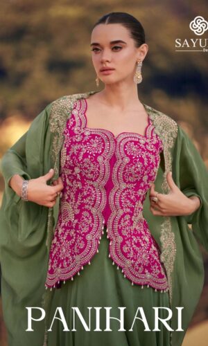 Panihari Green & Pink Embroidered Party Wear Dress