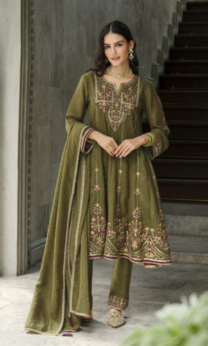 Sajni Olive Green 3-Piece Embroidered Suit