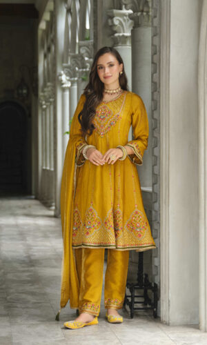 Sajni Mustard 3-Piece Embroidered Suit