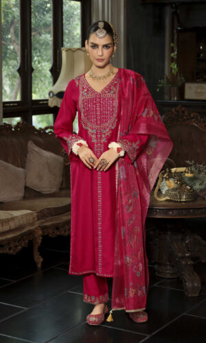 Sindoor Dark Red Embroidered 3-Piece Suit
