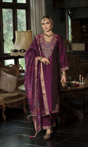 Sindoor Dark Magenta Embroidered 3-Piece Suit
