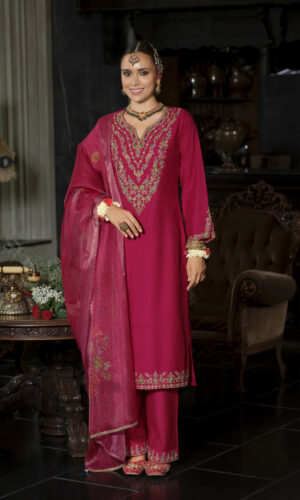 Sindoor Mahroon Embroidered 3-Piece Suit
