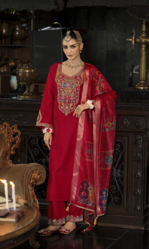 Sindoor Red Embroidered 3-Piece Suit