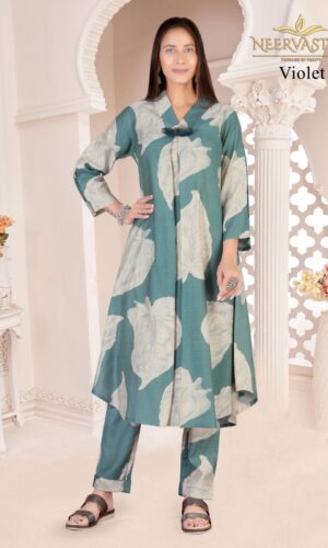 Party Wear Desaturated Cyan Printed Coord Set for Women