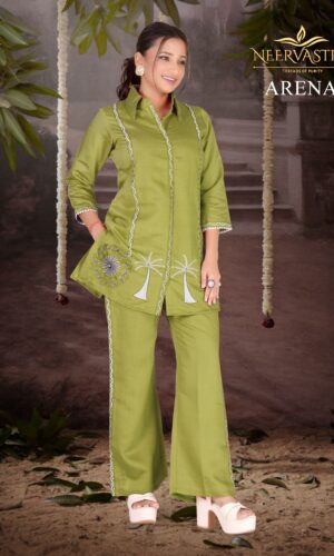 Neervastra Arena Green Embroidered Coord Set for Women