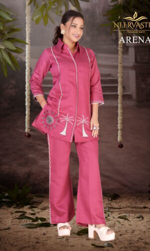 Neervastra Arena Pink Embroidered Coord Set for Women