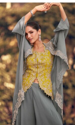 Panihari Grey & Yellow Embroidered Party Wear Dress