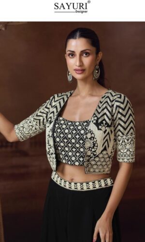 Silky Black & White Designer Dress - Embroidered Crop Top with Palazzo & Jacket