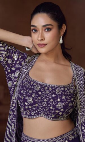Silky Purple Designer Dress - Embroidered Crop Top with Palazzo & Jacket
