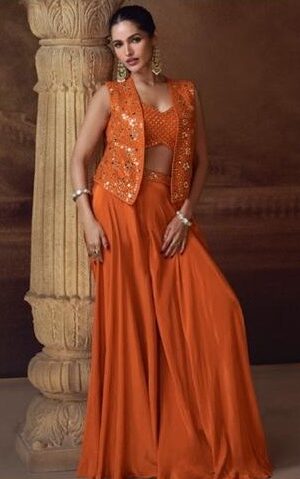 Silky Orange Designer Dress - Embroidered Crop Top with Palazzo & Jacket
